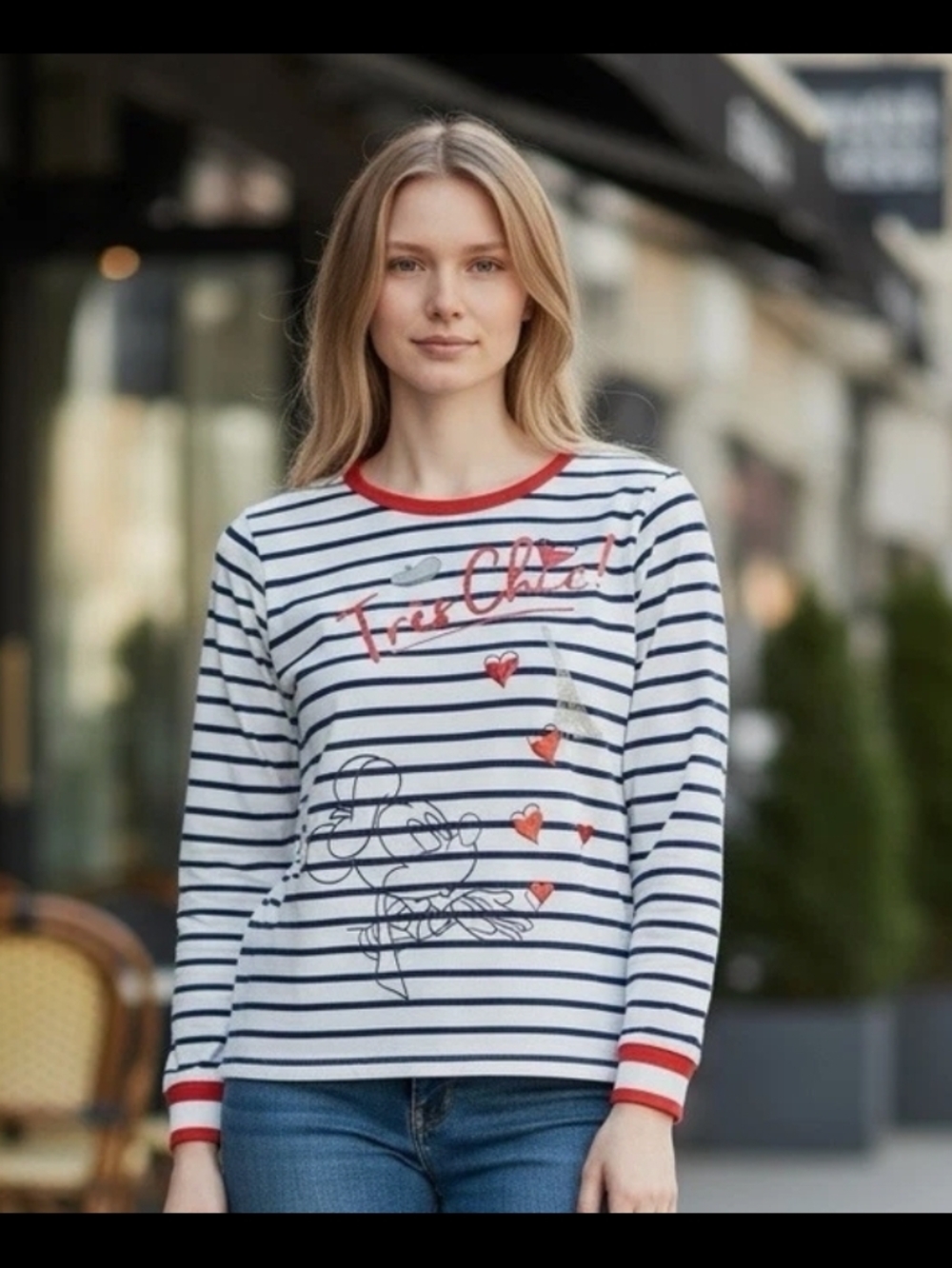Disney Epcot Paris Striped 'Très Chic' Long-Sleeve Top in White, Navy & Red